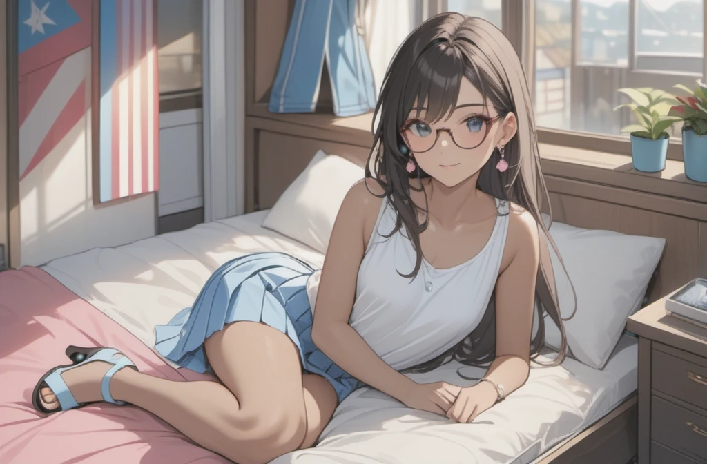 a woman with pleated skirt, sleeveless top, clothes with trans flag colors((pink white and blue)), black eyes, (((brown skin))), long wavy black hair, wearing high heel sandals, lying on bed, cute smile, bedroom background, high quality, masterpiece, anatomically correct, detailed background, better quality, original work, focus on details, people's watching around, front view, earrings, wind blowing through window, eye glasses, clothes variations 