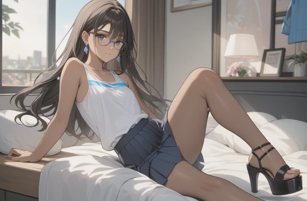 a woman with pleated skirt, sleeveless top, clothes with trans flag colors((pink white and blue)), black eyes, (((brown skin))), long wavy black hair, wearing high heel sandals, lying on bed, cute smile, bedroom background, high quality, masterpiece, anatomically correct, detailed background, better quality, original work, focus on details, people's watching around, front view, earrings, wind blowing through window, eye glasses, clothes variations 