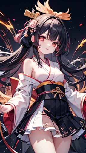 A dark-haired、floting hair、Delicat eyes、Black pupils、cleavage of the breast、thighs thighs thighs thighs、White panty、Fushimi Inari、Red torii gate、natta、Moon Night、a moon、heroine、black and red antique damask Hanfu、FOV、F1.8、​masterpiece、complex scenes、Gorgeous portrait shots、Gentle face、kindly smile