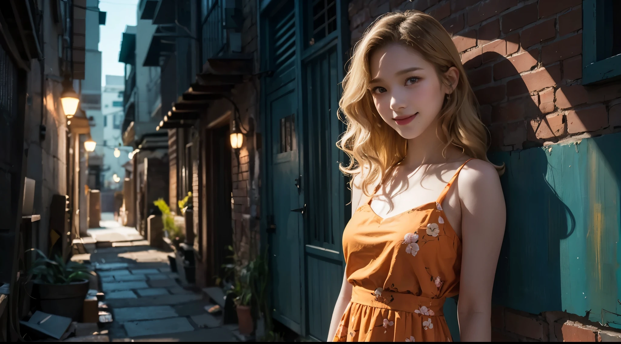 girl, detailed face, detailed face, looking at viewer, chin up, smile, shoulder length hair, middle parted hair, casual shirt, (teen, cute:1.8), (breasts:1.2), outdoor, masterpiece, best quality, high resolution, realistic, dark alley, night, see-through orange dress, floral print, leaning against wall, narrow alley, wavy blonde hair, bangs,