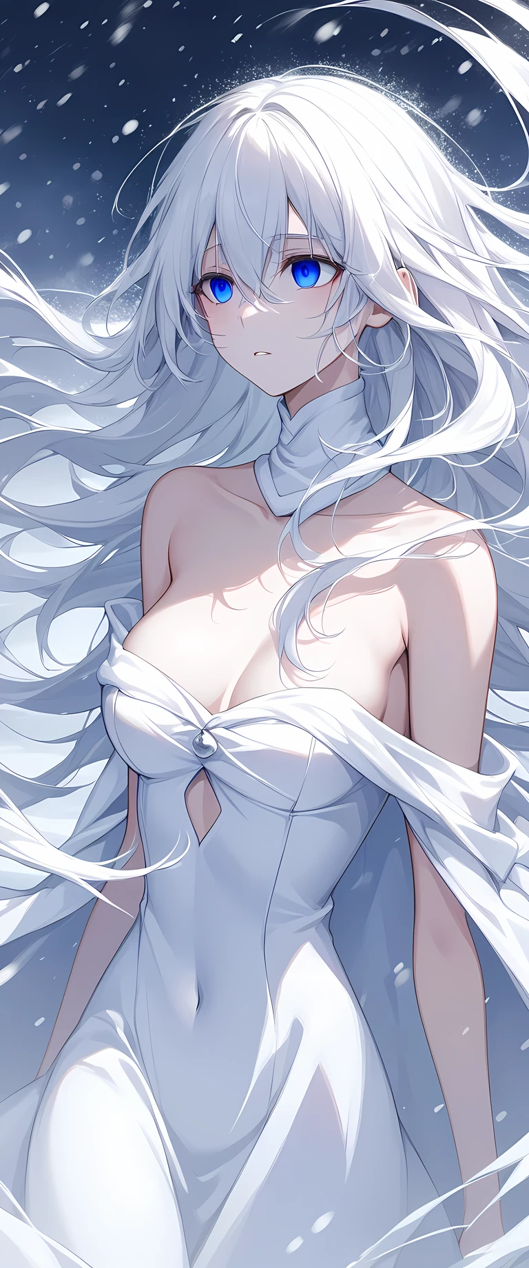 Snow Woman, Snow scene, snowstorm, white hair, long hair, floating hair, empty eyes, gaze, Bare chest, white outfit