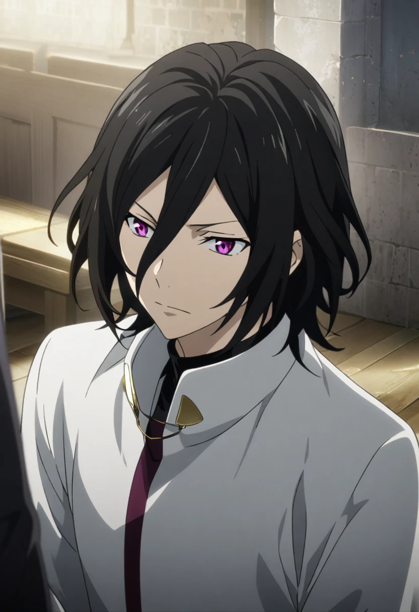 1boy, Fyodor Dostoyevsky, black hair, medium hair, magenta eyes, white clothes, CG, screenshot, Bungou Stray Dogs
