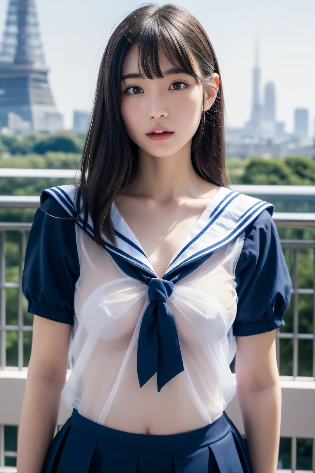 (1 nogizaka girl,15years old face,raw photo,photo realistic:1.5),(best quality, high quality,HDR, highest quality,ultra high resolution,high resolution,high res,ultra high difinition,huge file size,8K,2K wallpaper,8K wallpaper,high quality texture,amazing,an extremely delicate:1.4),one girl, Japanese famous idol,cute face,small face,absurd,ridiculous,incredibly ridiculous,blurry background,(school uniform,sailor suit,short hair,cleavage,no makeup:1.2),medium skin,beautiful skin,detailed skin,black hair,silky hair,black eyes,Japanese nose,5-fingers,(Light Particles, Lens Flare, Luminous Particles: 0.7),looking at viewer,small hands,bright lighting,professional lighting,girl