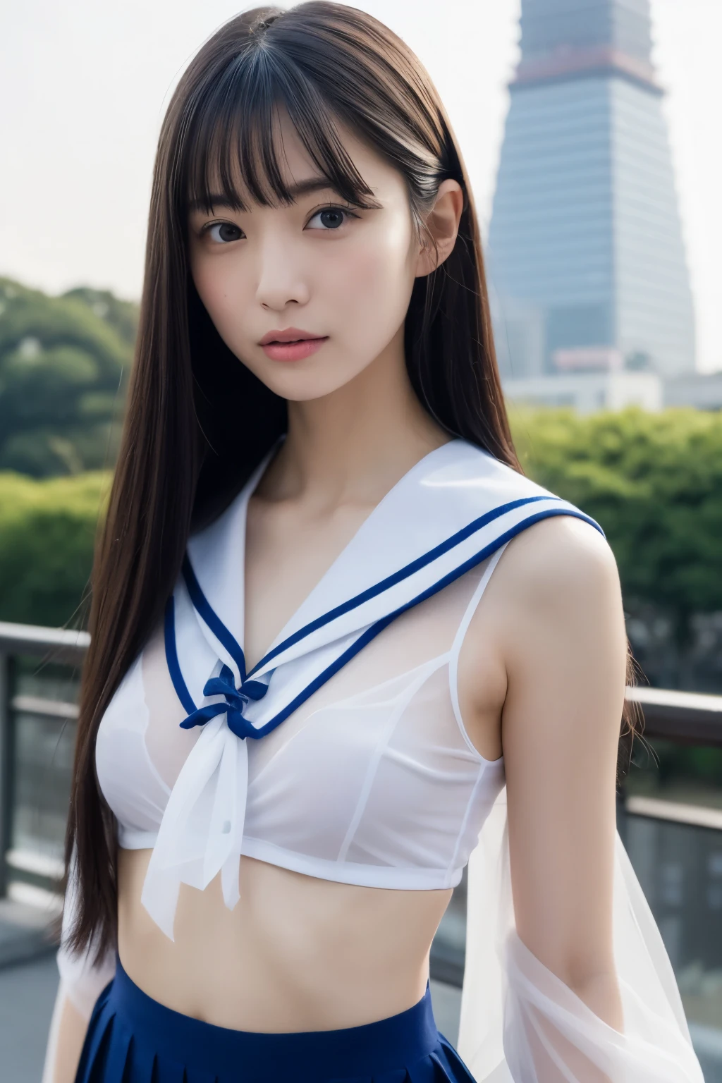 All of the clothes are see-through、All clothes are transparent、Best Quality、RAW Photos、Genuine、face、(whole body)、((Tokyo Tower is visible in the background.))Very beautiful girl、cute、Long Hair、The depth of the boundary is written、High resolution、超detailed、detailed、非常にdetailed、非常にdetailedな目とface、Sharp Papyrus、Genuineな日本の高校生、Sharp focus、Flat Chest、Small breasts、small、（smallバスト：1.2）、The usualのバスト、（The usual）、thin、Delicate and sexy collarbone、（((See-through sailor suit：1.2))）、（Sailor suit lifts to reveal a small white transparent bra：1.5）、