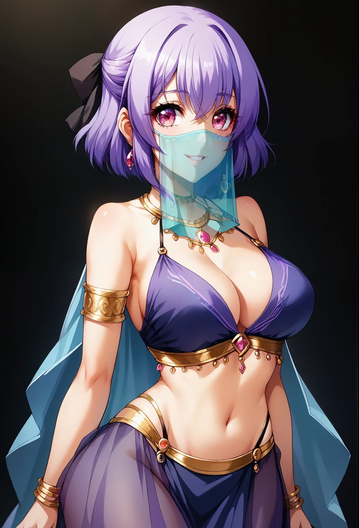 score_9, score_8_up, score_7_up, 1girl, shoulder-length hair, violet hair, pink eyes, cleavage, curvy body, belly dancer, see-through mouth veil, smile, happy, shy, solo, looking at viewer, ballroom