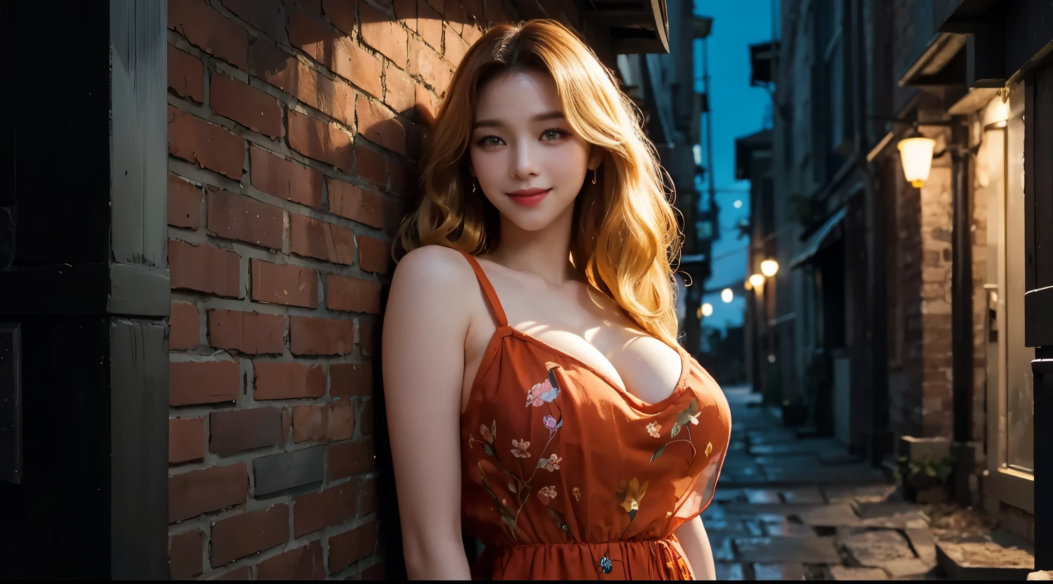 girl, detailed face, detailed face, looking at viewer, chin up, smile, shoulder length hair, middle parted hair, casual shirt, (gigantic breasts:1.2), outdoor, masterpiece, best quality, high resolution, realistic, dark alley, night, see-through orange dress, floral print, leaning against wall, narrow alley, wavy blonde hair, bangs,