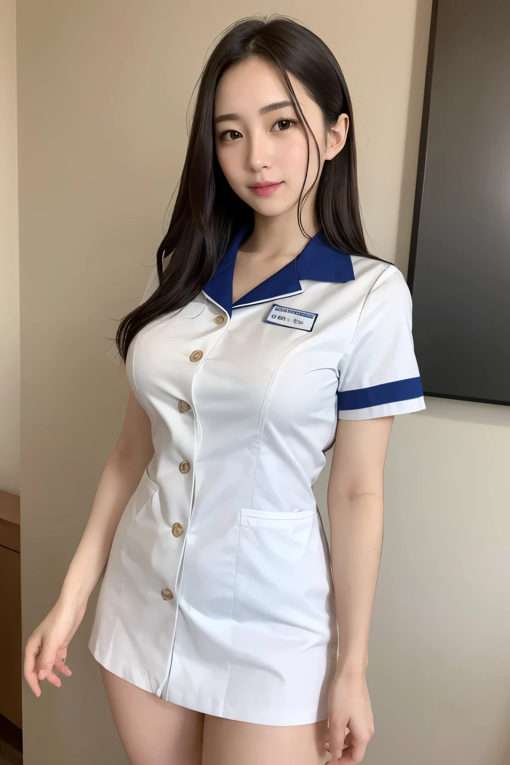 masterpiece, best quality, 16K, hospital, operating room, old woman, interior photo, glad, smiling, standing, front view, long hair, ponytail, black hair, eyes open, (large breasts:1.32), (wrinkles corners eyes:1.32), (nasolabial:1.32), (old skin:1.32), freckled skin, wrinkles skin, pale skin, (old muscles:1.2), plump, {(nurse), (breast pocket), (collared dress), (short dress:1.48), (short sleeves), (thighs), (white dress), (white headwear), (white sandals), (stethoscope)}, beauty mark, 65-year-old, old, elderly, japanese, inside, in the hospital, with a operating table, in the afternoon, real person, ultra realistic photo, nsfw, full body shot, from front, front view