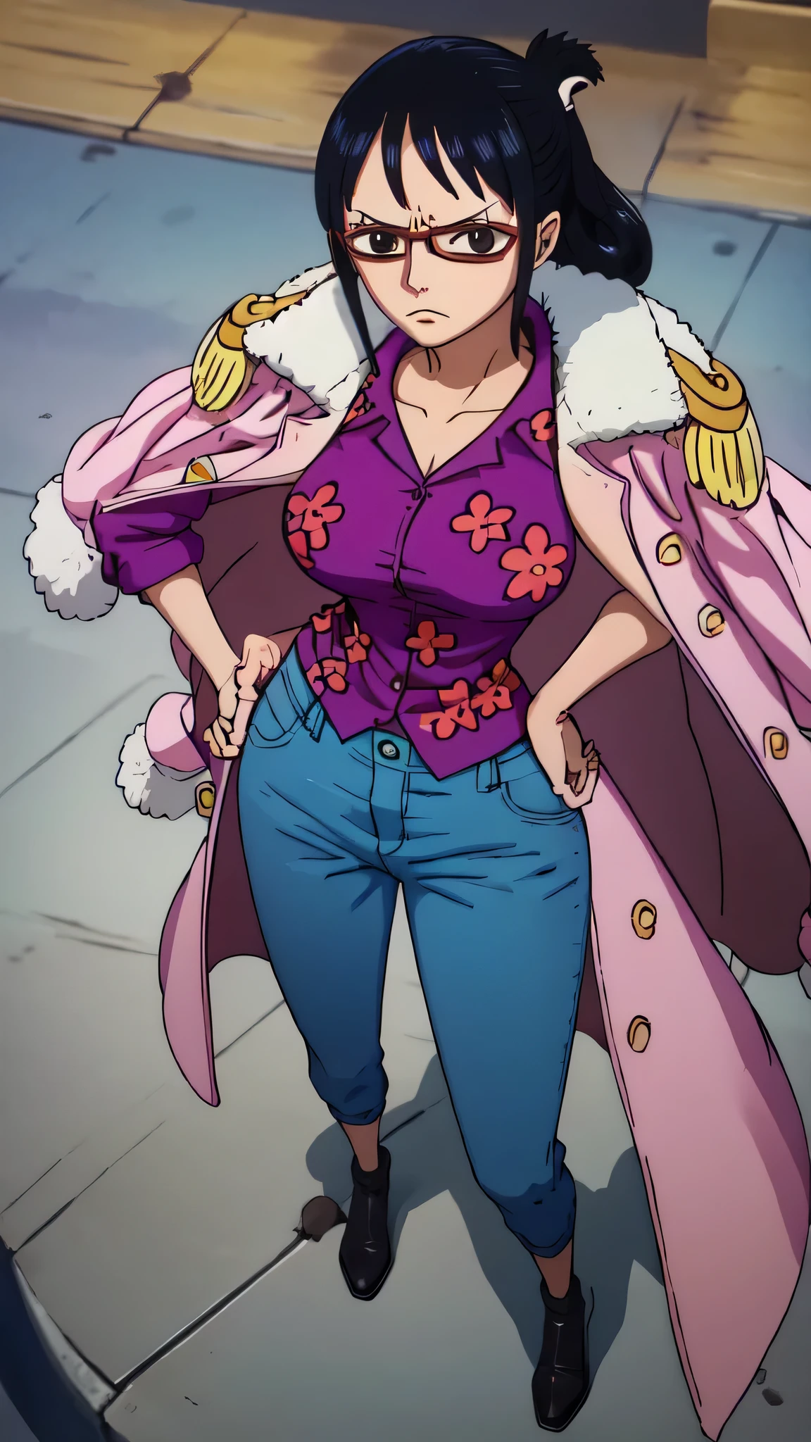 masterpiece, best quality, tashigi, black eyes, folded ponytail, eyewear , coat on shoulders, purple shirt, blue pants, cowboy shot, looking at viewer, hands on hips, large breasts, from above, serious, village 