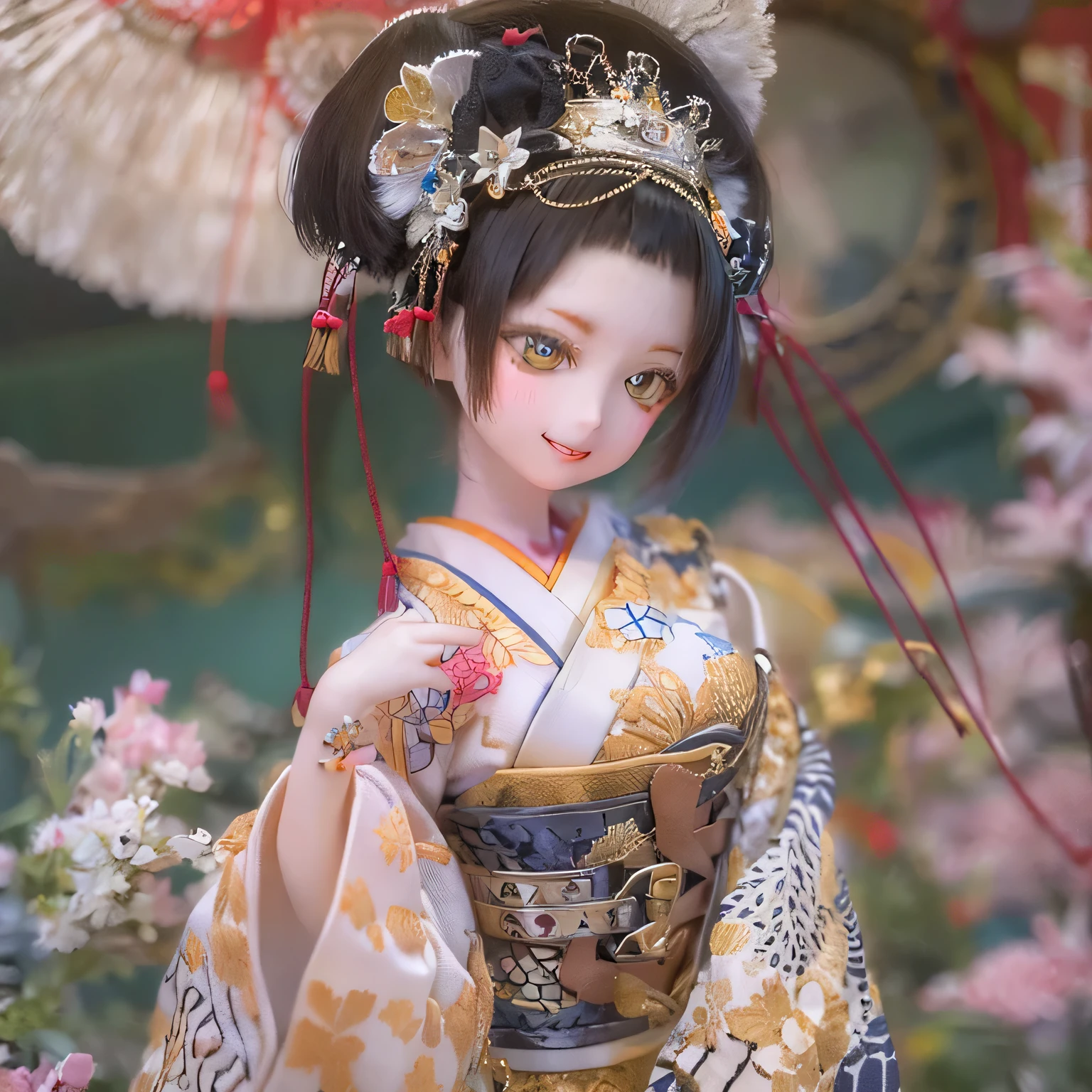 (Best Quality,High resolution,masterpiece:1.2),Very detailed,Realistic,(Me in a kimono,Beautiful details,Beautiful lips details,Very detailed目と顔,Long eyelashes),Traditional Japanese,geisha,hairpin,Delicate embroidery,Floral,Sleeves flow,Harmonious colors,Soft Lighting、Smiling face with a fan、Bobcut、Black Hair、(((High wooden clogs)))