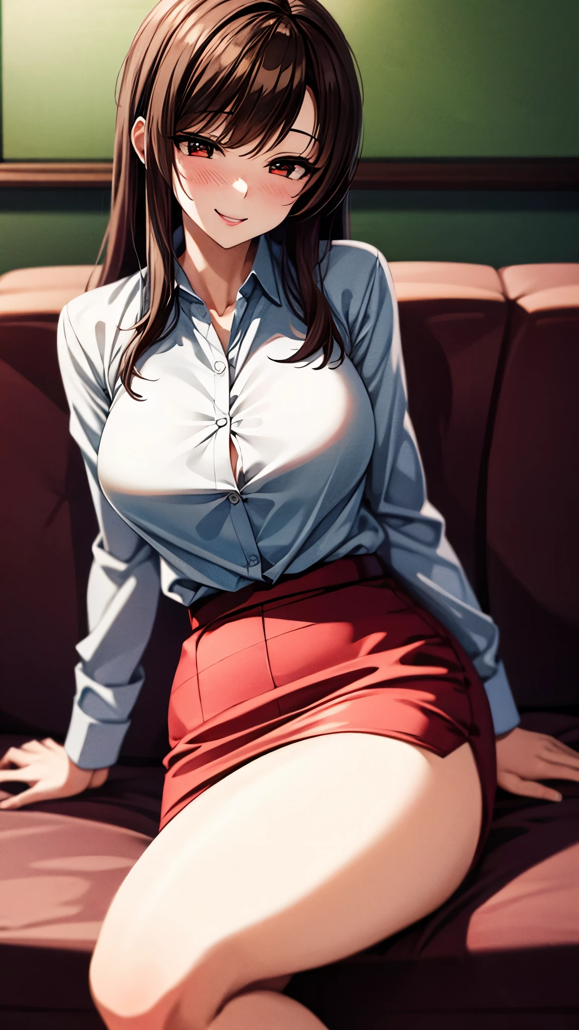 （（super high quality,Ultra-high resolution,16k,super masterpiece,Ultra HD ,Detailed shading,））Shooting from the front,One sexy mature woman,（A light pink shirt with the second button undone,Folded sleeves,Red pencil skirt,）Thick lips,Lewd smile,blush, Living room in the evening,Sit on the sofa,