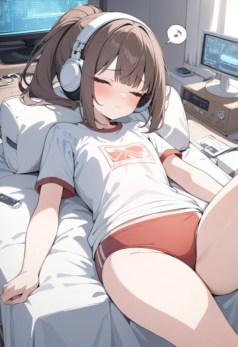 Lying down on her tummy, girl, skirt up, black skirt, long hair, no panties, flushed buttocks, brown hair, headphones, red hoodie, black socks, green eyes, palm marks, punishment, crying, time-out