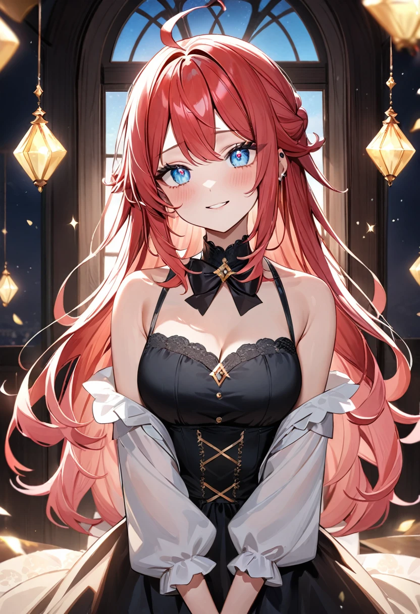 (masterpiece),(best quality),(super fine illustration),(beautiful and detailed eyes),{very detailed light},{painting},{{very fine 8K CG wallpaper}},anime,1girl,solo,beautiful detailed fire,beautiful detailed fire, palace,galaxy,gem,jewelry,necklace,crown,elf,smile,red hair,red eyes, low angle camera,