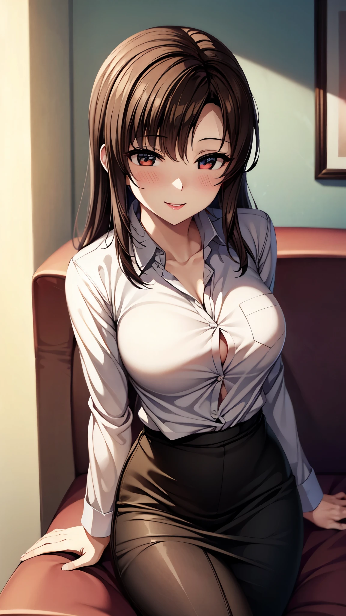 （（super high quality,Ultra-high resolution,16k,super masterpiece,Ultra HD ,Detailed shading,））Shooting from the front,One sexy mature woman,（A light pink shirt with the second button undone,Folded sleeves,Red pencil skirt,）Thick lips,Lewd smile,blush, Living room in the evening,Sit on the sofa,