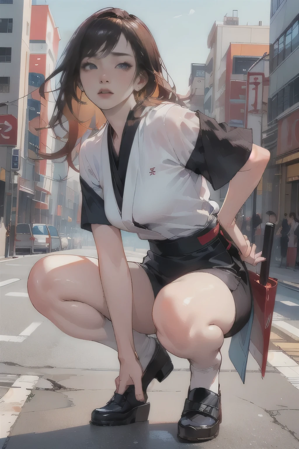 A detailed portrait of a Japanese woman, a master of iaido, in an anime style masterpiece, (1 person:1.1), wearing a high-quality suit, (sensual, captivating:1.1), with disheveled hair, showcasing agility, (full body), attacking from a crouched position, full body shot, (best quality,4k,8k,highres,masterpiece:1.2),ultra-detailed,(realistic,photorealistic,photo-realistic:1.37),vivid colors,HDR,studio lighting,professional