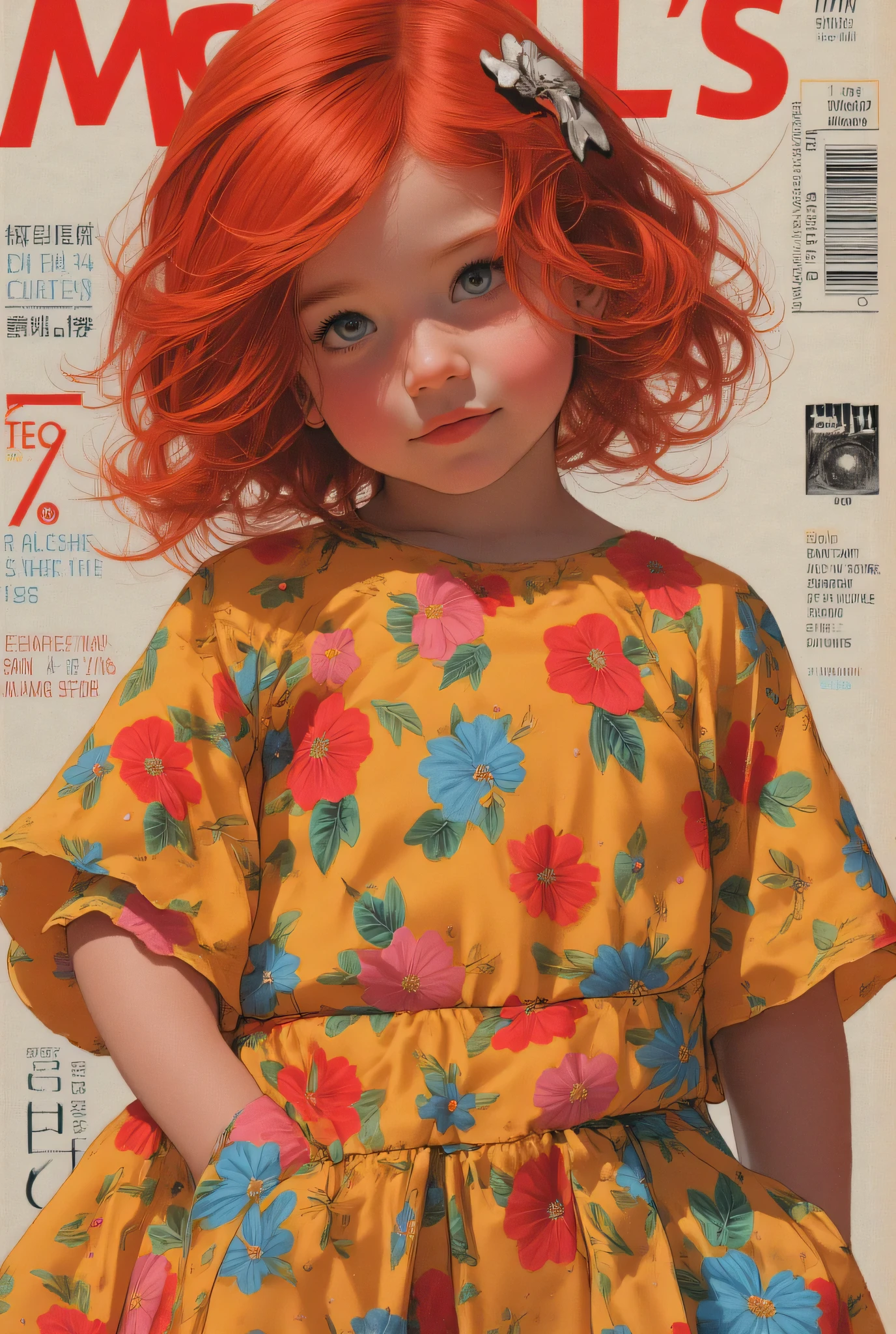 1970 magazine (cover say "McCall’s""Dress for girls"), (((full body))) a  7 year-old child, standing, front view, (looking at viewer:1.2),(long hair:1.2), red hair, messy hair, (hairclip:1.2), pale skin, jesusito,jesusito dress