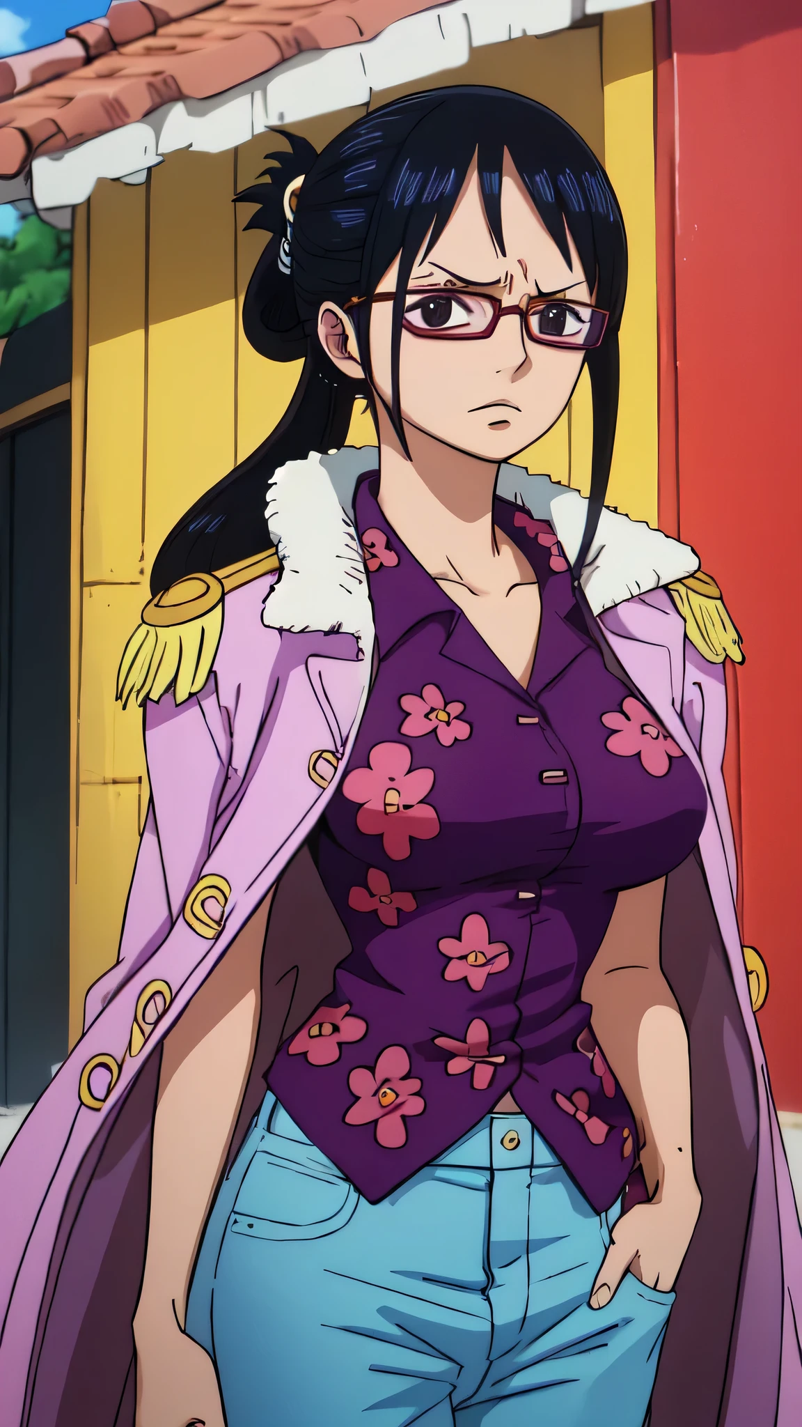 masterpiece, best quality, tashigi, black eyes, folded ponytail, eyewear , coat on shoulders, purple shirt, blue pants, cowboy shot, looking at viewer, large breasts, village, detailed, face, realistic anime anatomy 