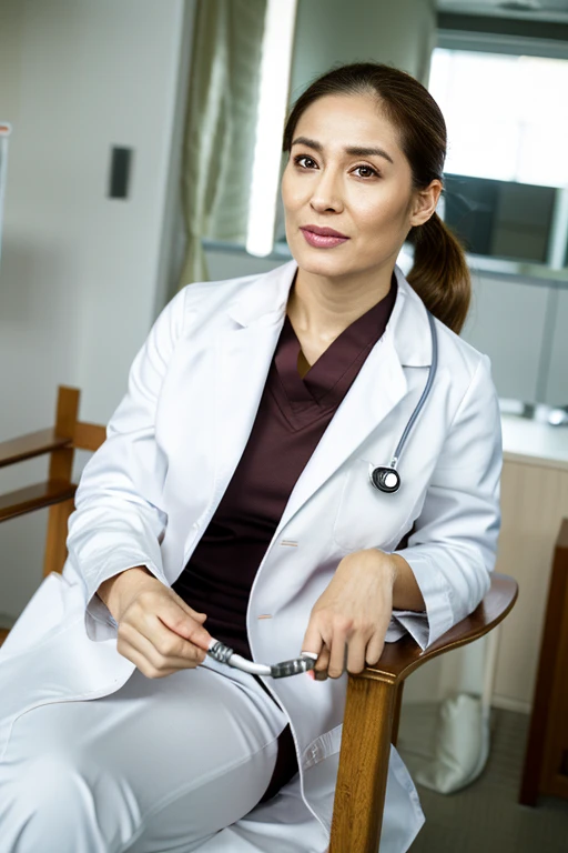 (Highest quality), (Ultra high resolution), (Facial fine structure), (8K video),

(Japanese woman: 1.55) (Senior doctor) (Aeg45) (Middle-aged woman) (White skin)

(Brown hair in a low ponytail: 1.55)

(Female doctor sitting in a chair examining a patient)

(Looking at the viewer) (Examination room), (Examination),
(Looking at the camera), (Stethoscope)

(Long white doctor coat: 1.55)

(Pure white blouse coat underneath)
(Tight midi skirt),
(Sitting in a chair)