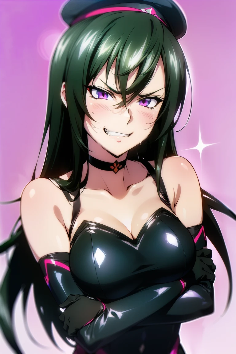 beautiful, masterpiece, ultra detailed, extremely detailed, ultra high res, 8k, beautiful detailed face, anime screencap, heart shaped face woman, (black hair:1.2), long hair, hair between eyes, large breasts, fearless face, sharp face, slant eyes, cat eyes, 170cm tall, adult, perfect proportion, (((black high-leg leotard))), (((bare shoulder, bare collarbone))), cleavage, (((thigh boots))), choker, (((military cap))), anime style, ultra detailed beautiful face and eyes, front view, raw phot, incredibly absurdres, Beautiful portrait of cute anime girls, super fine illustration, full-hd, hdr, best aesthetic, distinct, exquisite, masterwork, by famous artist, highers, (((perfect anatomy))), mocking, (((rape face))), (((evil grin))), intense eyes, sadistic, gleaming skin, oil skin, slut face, full-face blush, smirking, mischievous grin, furrowed mouth, both legs, pouty lips, downturned corners, rosy hue, grin widely, cheeky smirk, (((bad-tempered glare))), gloating, crazy smile, scary face, cruel smile, fang, connected teeth,, (((elbow gloves))), (((big connected teeth)), glare, grimace, smirk, (((scowling face))), smile broadly, symmetrical eyes, even eyes, perfect eyes, (((squinting eyes))), deep detailed eyes, shiny clothes, 1girl, solo, smug, smile grimly, (((dimpled smile))), pink eyes, (((upper body shot and standing))), (((laugh))), (((pleasure face))), (((brutality face))), (((scary face))), (((fang))), perfect face, perfect femake body, (((light eyes, clear eyes, shiny eyes))), garter straps, enamel bondage, accurate face parts, Smooth and Flawless Skin, Expressive and Captivating Eyes, Well-Defined Facial Features, Radiant and Healthy Glow, Perfectly Proportioned Face, Graceful and Symmetrical Features, Fine Details and Realistic Textures, shiny, shiny hair, purple background, bare arms, cleavage cutout,