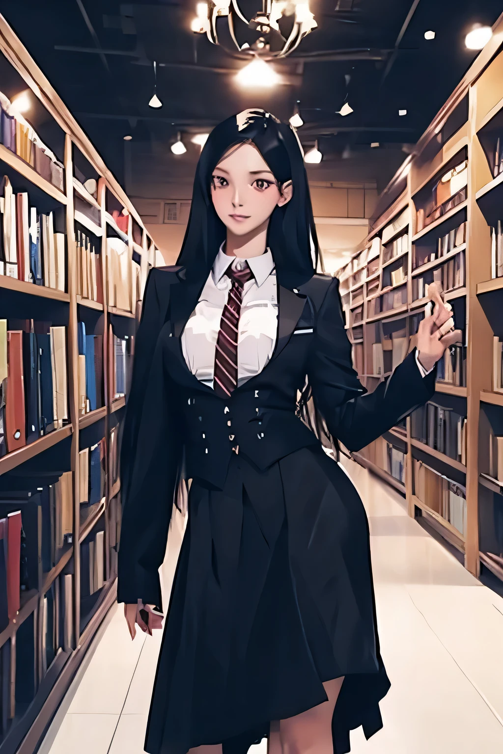 a beautiful anime woman with long black hair and black eyes,extremely detailed face and eyes, medium breasts,wide hips,wearing a school uniform, fantasy, medieval Europe, standing,in a library