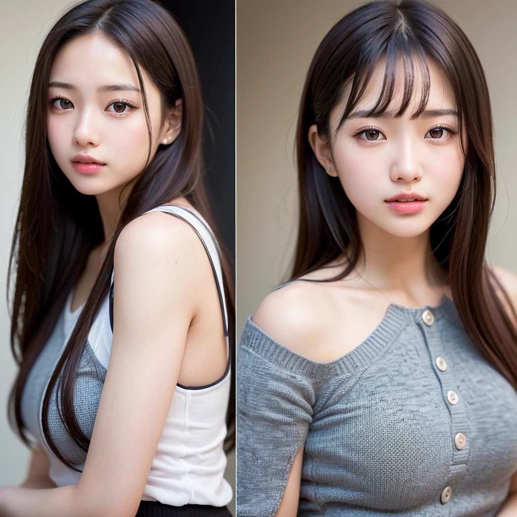 A filipina young girl, tanned skinned, teen baby face, long straight messy hair, random pose、top-quality、A high resolution、(Photorealsitic:1.5), seductive skirt、(Brown hair:1.2)、(flat chested:1.2)、Classroom、looking at viewert、a closeup、full body Esbian、Nasty eyes, seducing viewer