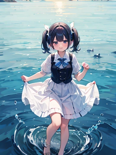 10 years old,Girl,,Flat Chest,naked,Full nudity,Highest quality、High resolution、Detailed Background、Beautiful face in every detail、Teenage Beauty、Cute hair colour、Brown Hair、Black Hair、Bobcut、Twin tails、Big smile、boost mood、 Summer sun、Shining Sea,Angle from below、Leg spread、Embarrassing、