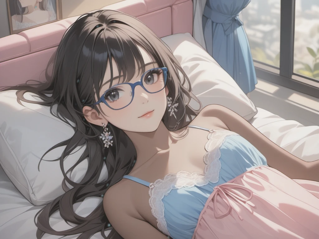 a woman with short lace babydoll dress, clothes with trans flag colors((pink white and blue)), black eyes, lace mini thong(((brown skin))), long wavy black hair, wearing high heel sandals, lying on her back in bed, cute smile, bedroom background, high quality, masterpiece, anatomically correct, detailed background, better quality, original work, focus on details, people's watching around, upper view, earrings, wind blowing through window, eye glasses, clothes style variations, babydoll dress, head resting on pillow, clothes transparency 