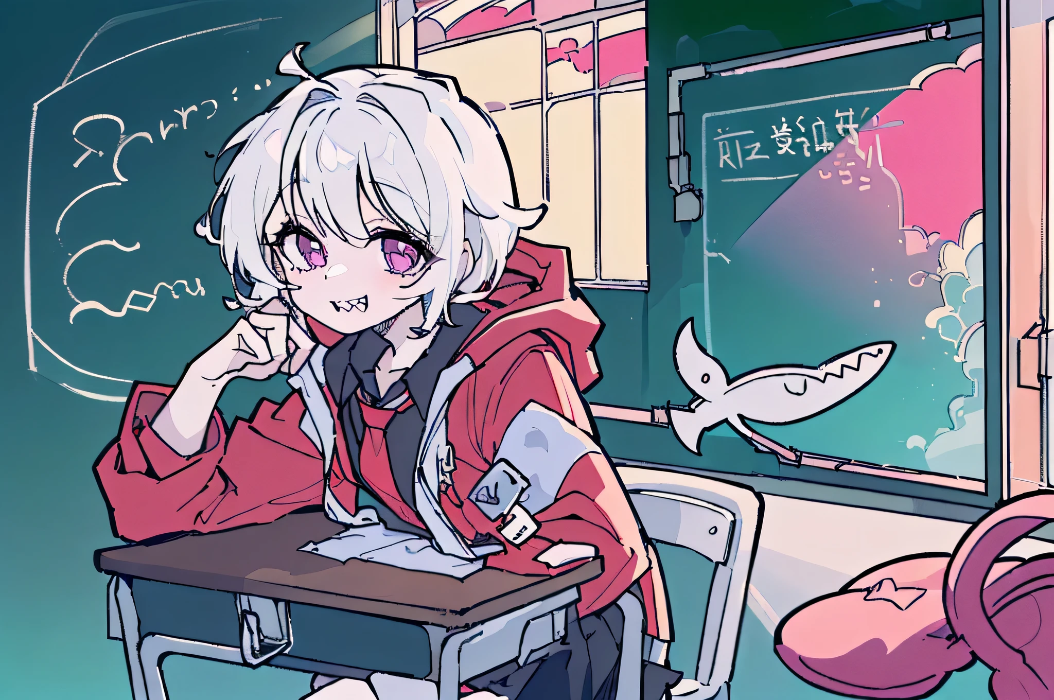 1girl, (Taken from afar:1.5),(frontal:1.5),(Sitting on a soft chair:1.5),(school, Red hooded jacket with hood,  black skirt, long shirt, tie, classroom, window, Lots of chairs and desks, blackboard, morning, window으로 들어오는 햇빛, azure, Beautiful shades, Lively:1.5), (morning, sunlight:1.5), (Beautiful shades:1.5),(A well-made chest, shark teeth, sharp teeth:1.5), (purple eyes:1.5), (White hair, curly short hair, The lower part of the hair is dyed pink.:1.5), (Barefoot, flushing:1.5), (smiling faintly, flushing, Ashamed:1.5), (Thick legs and buttocks :1.3)
