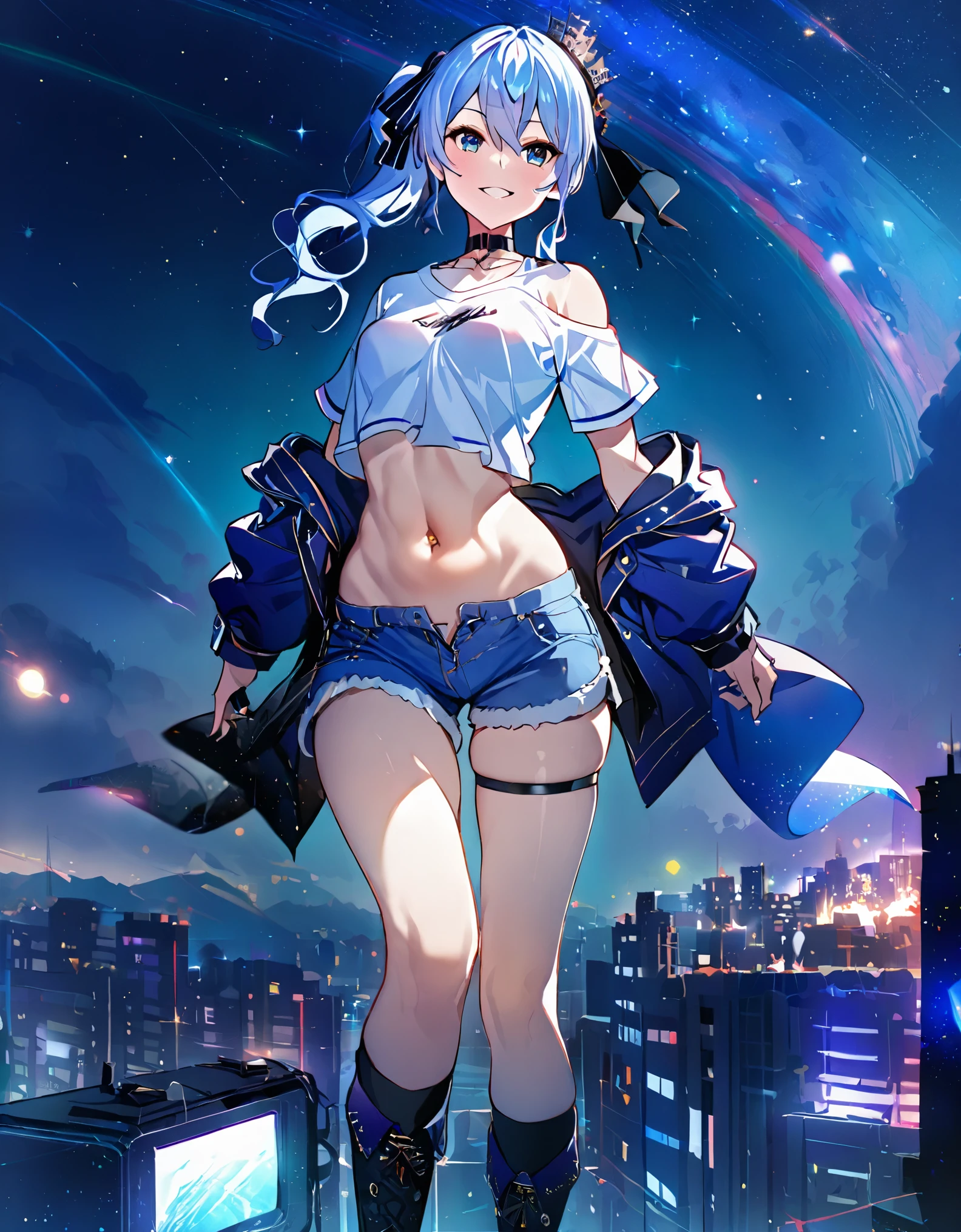 (8k、Best image quality、highest quality、masterpiece)、Detailed face、 1teen_girl、Blue Hair、Long Hair、sideponytail、dark_blue_eyes、smile,(navel_peek)、(small_breasts:0.8),(White_short_T-shirt:1.3)、Off the shoulder、Black shoulder straps、(open_front_shorts,denim_short_shorts:1.2)、City Background, starry_sky_landscape ,hoshimachi suisei,(covered_nipples:0.3), (belly_button:1.2),nihil,solo,stargaze,girl_looking_up_sky,slender,solo,boots,abs, tight_waist, point_to_sky