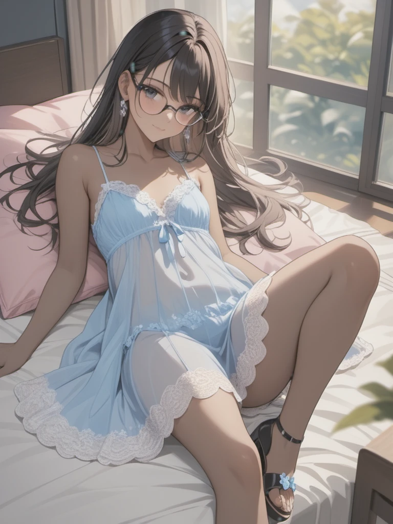 a woman with short lace babydoll dress, clothes with trans flag colors((pink white and blue)), black eyes, lace mini thong(((brown skin))), long wavy black hair, wearing high heel sandals, lying on her back in bed, cute smile, bedroom background, high quality, masterpiece, anatomically correct, detailed background, better quality, original work, focus on details, people's watching around, upper view, earrings, wind blowing through window, eye glasses, clothes style variations, babydoll dress, head resting on pillow, clothes transparency 