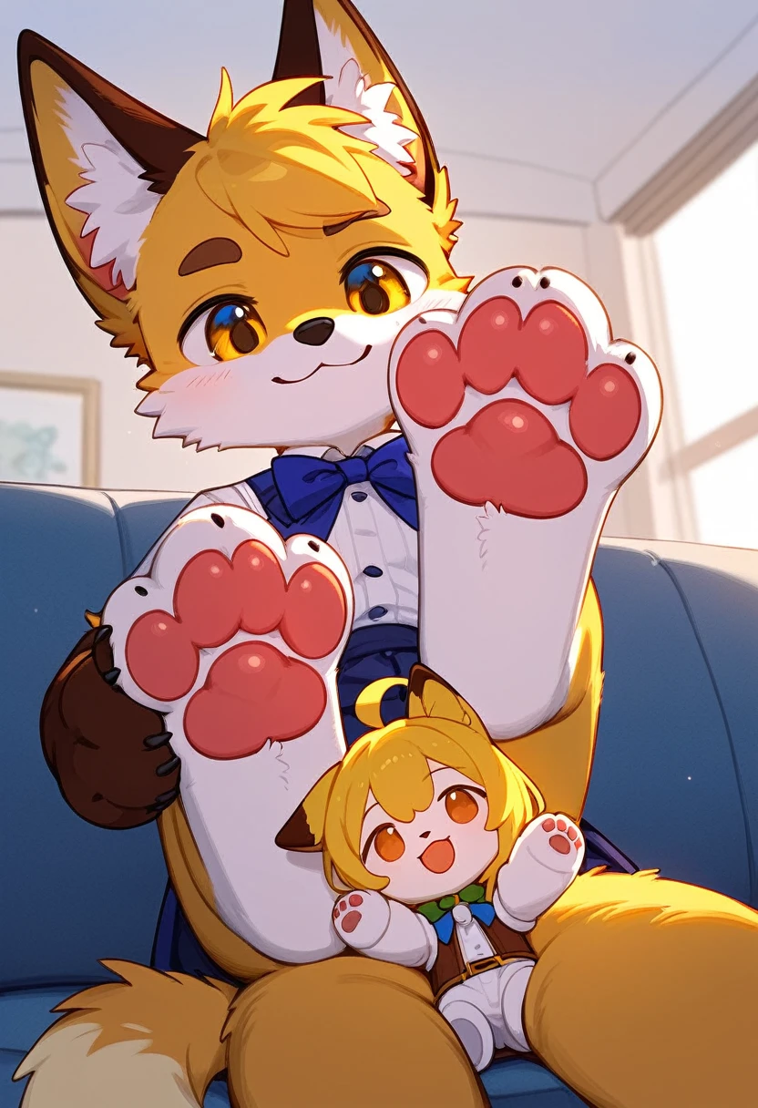 Solitary, Fraction_9,Fraction_8_Direction_7_up, doll, Tyus Miles Ball, Yellow Fox, male, Smile, Sitting on the sofa, Lie down, close up, 四个foot趾, 4个foot趾, foot, paw, (focus on foot:1.2), Paw padss, Paw pads, Lovely paw, furry paw, (SFW:1.2), Lovely, (赤foot:1.2), pink Paw padss, Extremely low angle shot, Ants' perspective, Micro perspective, green gooey slime on paw