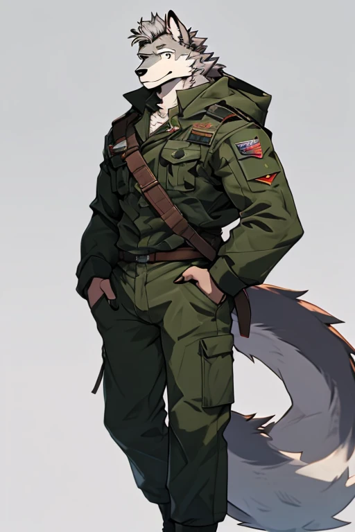 A Upper Torso Body And Almost Right Side Body Picture of A Very Muscular Furry style Gray Wolf. he is wearing Full long Dark Green Soldier Millitary Outfit. He is looking at the viewer. The background is just colour white. His hair is spikey but very messy. He have A gray hair. He have a little smile with blushes on his face in shyness. He have a very long tail. he have gray eyes. his both hand is in his pockets. he is standing in the background, his mouth is open