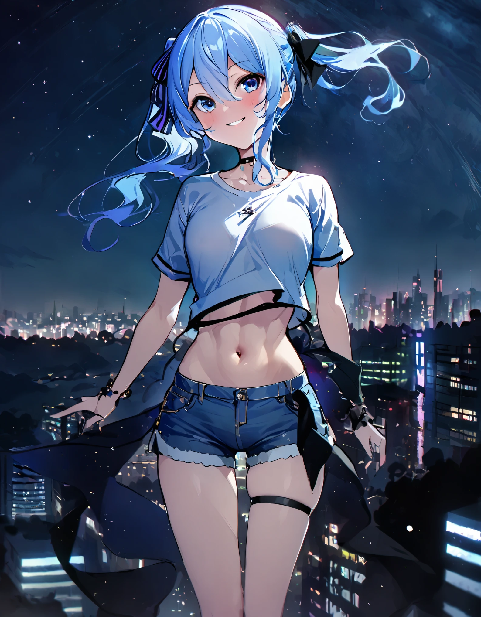 (8k、Best image quality、highest quality、masterpiece)、Detailed face、 1teen_girl、Blue Hair、Long Hair、sideponytail、dark_blue_eyes、smile,(navel_peek)、(small_breasts:0.8),(White_short_T-shirt:1.3)、Off the shoulder、Black shoulder straps、(open_front_shorts,denim_short_shorts:1.2)、City Background, starry_sky_landscape ,hoshimachi suisei,(covered_nipples:0.3), (belly_button:1.2),nihil,solo,stargaze,girl_looking_up_sky,slender,solo,boots,abs, tight_waist, point_to_sky