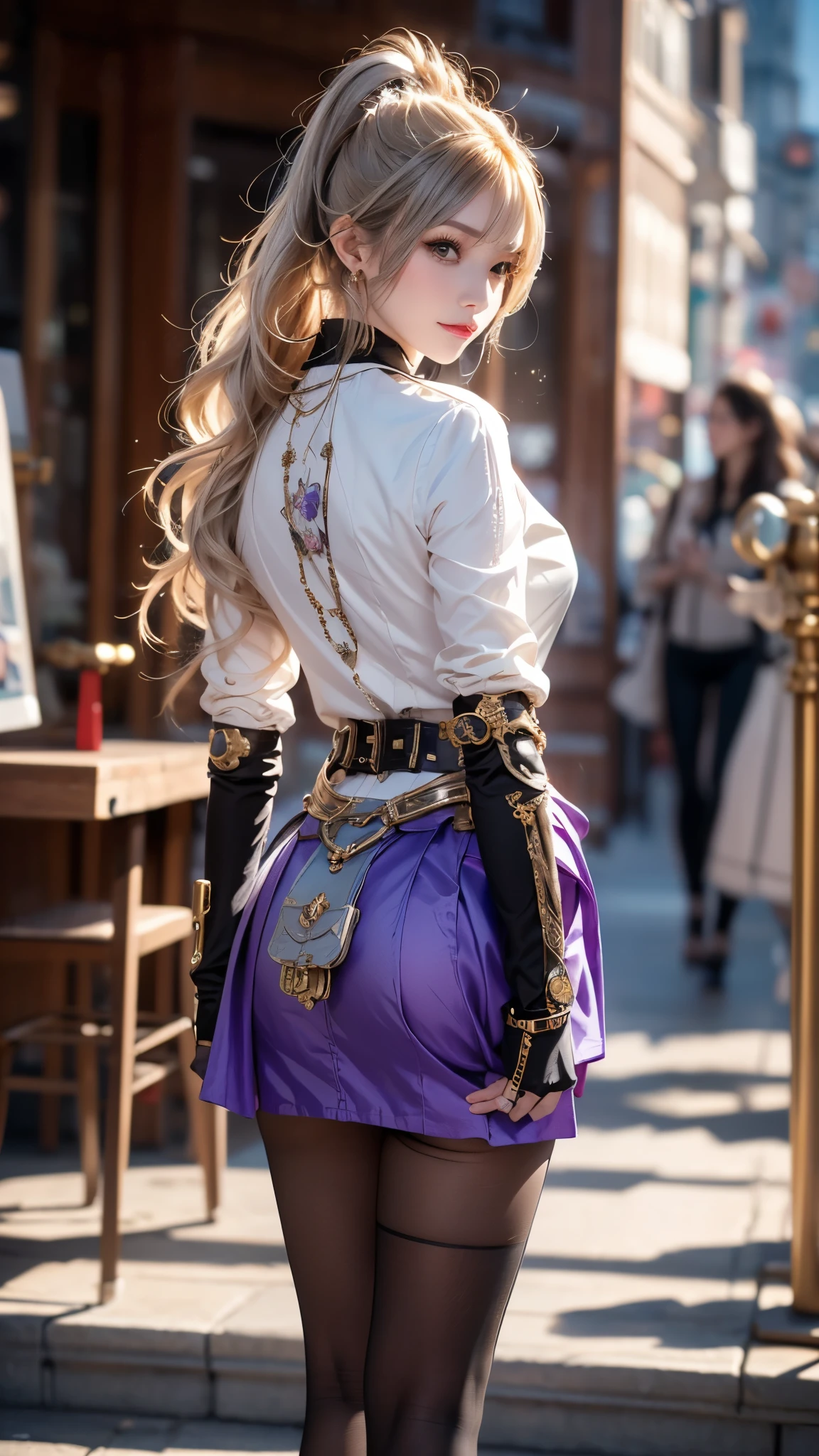 Portrait of a Woman、Best Quality、Rear View、8k, Clear, Fine skin、Clear, Beautiful Eyes、笑顔のBeauty、Bright and beautiful face、whole body、Curly Hair、The wind made my hair messy.、(Attractive muscles、Tall),(Hip_Superior, Hip Superior), Beauty,( Watch the audience),Realistic, High resolution, Soft Light,1 female, One person,Blonde Hair,ponytail,bangs,Fine skin, Mischievous appearance,((Steampunk gathered skirt)),Steampunk style girl、Costumes decorated with gears and clocks,(Silver and purple stripes,Sailor-style collared armor)、Beautiful Steampunk Guild Staff Costume Bunker Uniform,(Silver and purple mech,銀のスチームパンクの銀のSteampunk gathered skirt, High-tech Mecha,beads,Elbow Gloves,Jeweled Helmet,White dress shirt,Short tie with jewels,steampunk body stocking,one piece,High Leg)、((Arms behind back)),(Bokeh),(Studio Lighting)