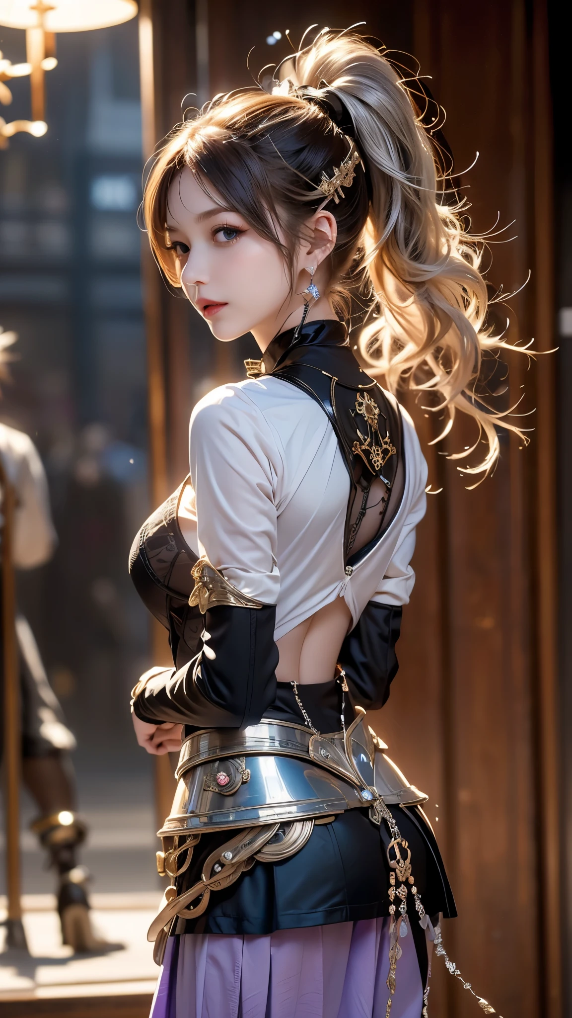 Portrait of a Woman、Best Quality、Rear View、8k, Clear, Fine skin、Clear, Beautiful Eyes、笑顔のBeauty、Bright and beautiful face、whole body、Curly Hair、The wind made my hair messy.、(Attractive muscles、Tall),(Hip_Superior, Hip Superior), Beauty,( Watch the audience),Realistic, High resolution, Soft Light,1 female, One person,Blonde Hair,ponytail,bangs,Fine skin, Mischievous appearance,((Steampunk gathered skirt)),Steampunk style girl、Costumes decorated with gears and clocks,(Silver and purple stripes,Sailor-style collared armor)、Beautiful Steampunk Guild Staff Costume Bunker Uniform,(Silver and purple mech,銀のスチームパンクの銀のSteampunk gathered skirt, High-tech Mecha,beads,Elbow Gloves,Jeweled Helmet,White dress shirt,Short tie with jewels,steampunk body stocking,one piece,High Leg)、((Arms behind back)),(Bokeh),(Studio Lighting)