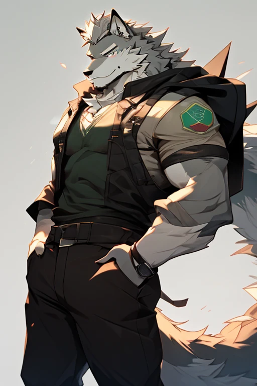 A Focused On Upper Body And Right Side Body Picture of A Very Muscular Furry style Gray Wolf. he is wearing Full long Armed Dark Green Soldier Millitary Outfit. He is looking at the viewer. The background is just colour white. His hair is spikey but very messy. He have A gray hair. He have a little smile with blushes on his face in shyness. He have a very long tail. he have gray eyes. his both hand is in his pockets. he is standing in the background