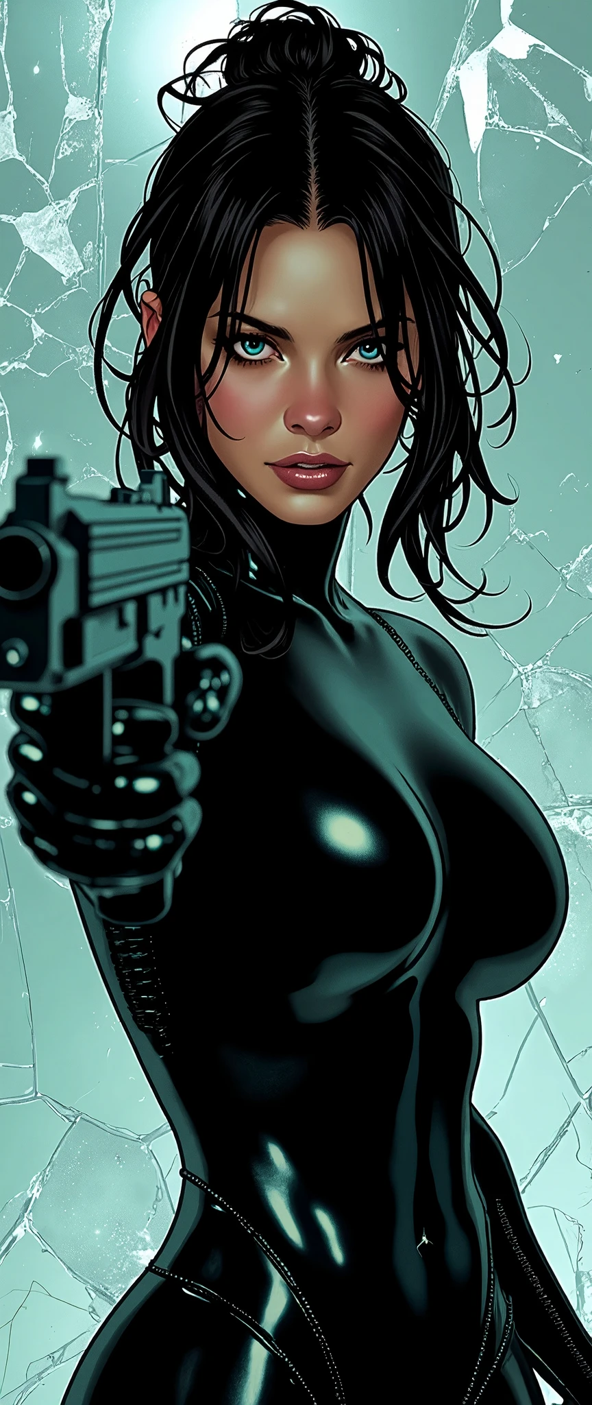 (masterpiece:1.2,Exceptional Quality,Mirror-like,Cinematic Experience,Best illustrations:2.0),Ultra-high resolution,Super detailed,8k,wallpaper,(1 female),(Female spy of the future:2.0),(Sexy Makeup:2.0),(Super muscular:2.0),(elegant),(Beautiful Eyes),(Sparkle in the eyes),(Detailed face),(Beautiful skin texture:1.3),(Beautiful Hair:1.3),(Beautiful female hands:2.0),(Detailed hands:2.0),(Black tight-fitting full-body suit:2.0),(belt:2.0),(Hold the gun and aim at the camera:2.0),(Close-up of the gun barrel:2.0),(Countless pieces of cracked glass are scattered in front of the gun muzzle.:2.0),(Thick thighs:2.0),(spy movie poster:2.0),(vfx:2.0),(dynamic:2.0),(Serious),(Upper body close-up:2.0),(anime:2.0),(Super functional:2.0),(Super sensual:2.0),(Super sexy:2.0),(American comic style:2.0),(Flashy makeup:2.0),(Huge breasts:2.0)