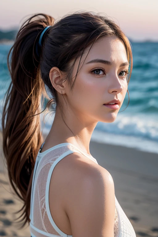 (highest quality:1.2),masterpiece,Ultra-high resolution photos,(Perfect beautiful face 1.2),(Perfect and beautiful posture:1.2),(female barbarian:1.2),muscular body, ponytail,Clear Eyes, Wearing sportswear, On a date on the beach of a deserted island, Sharp Eye, Thick eyebrows,