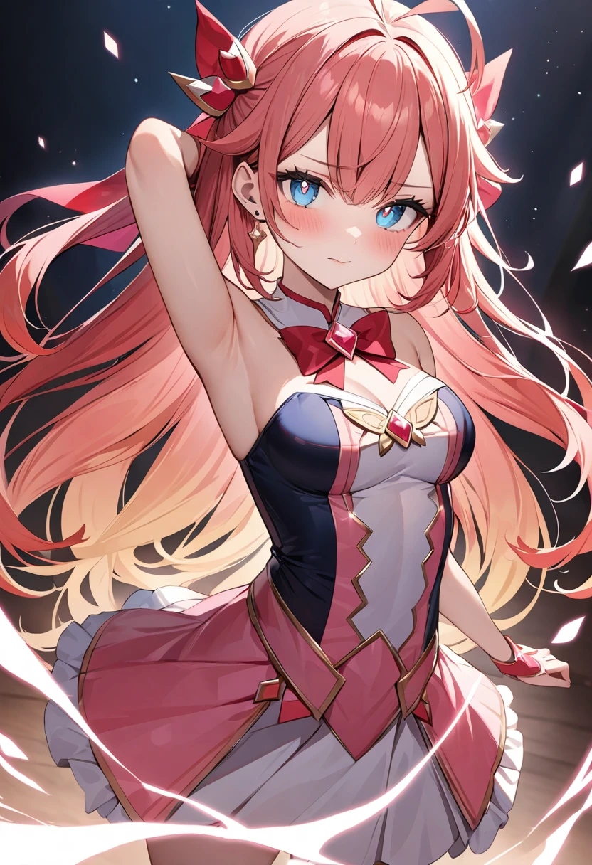 woman, dancer, pink hair, pretty cute dress, blue eyes