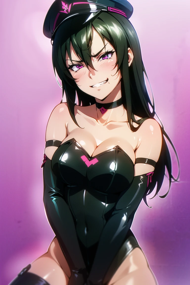 beautiful, masterpiece, ultra detailed, extremely detailed, ultra high res, 8k, beautiful detailed face, anime screencap, heart shaped face woman, (black hair:1.2), long hair, hair between eyes, large breasts, fearless face, sharp face, slant eyes, cat eyes, 170cm tall, adult, perfect proportion, (((black high-leg leotard))), (((bare shoulder, bare collarbone))), cleavage, (((thigh boots))), (((choker))), (((military cap))), anime style, ultra detailed beautiful face and eyes, front view, raw phot, incredibly absurdres, Beautiful portrait of cute anime girls, super fine illustration, full-hd, hdr, best aesthetic, distinct, exquisite, masterwork, by famous artist, highers, (((perfect anatomy))), mocking, (((rape face))), (((evil grin))), intense eyes, sadistic, gleaming skin, oil skin, slut face, full-face blush, smirking, mischievous grin, furrowed mouth, both legs, pouty lips, downturned corners, rosy hue, grin widely, cheeky smirk, (((bad-tempered glare))), gloating, crazy smile, scary face, cruel smile, fang, connected teeth,, (((elbow gloves))), (((big connected teeth)), glare, grimace, smirk, (((scowling face))), smile broadly, symmetrical eyes, even eyes, perfect eyes, (((squinting eyes))), deep detailed eyes, shiny clothes, 1girl, solo, smug, smile grimly, (((dimpled smile))), pink eyes, (((upper body shot and standing))), (((laugh))), (((pleasure face))), (((brutality face))), (((scary face))), (((fang))), perfect face, perfect femake body, (((light eyes, clear eyes, shiny eyes))), garter straps, enamel bondage, accurate face parts, Smooth and Flawless Skin, Expressive and Captivating Eyes, Well-Defined Facial Features, Radiant and Healthy Glow, Perfectly Proportioned Face, Graceful and Symmetrical Features, Fine Details and Realistic Textures, shiny, shiny hair, purple background, bare arms, cleavage cutout,