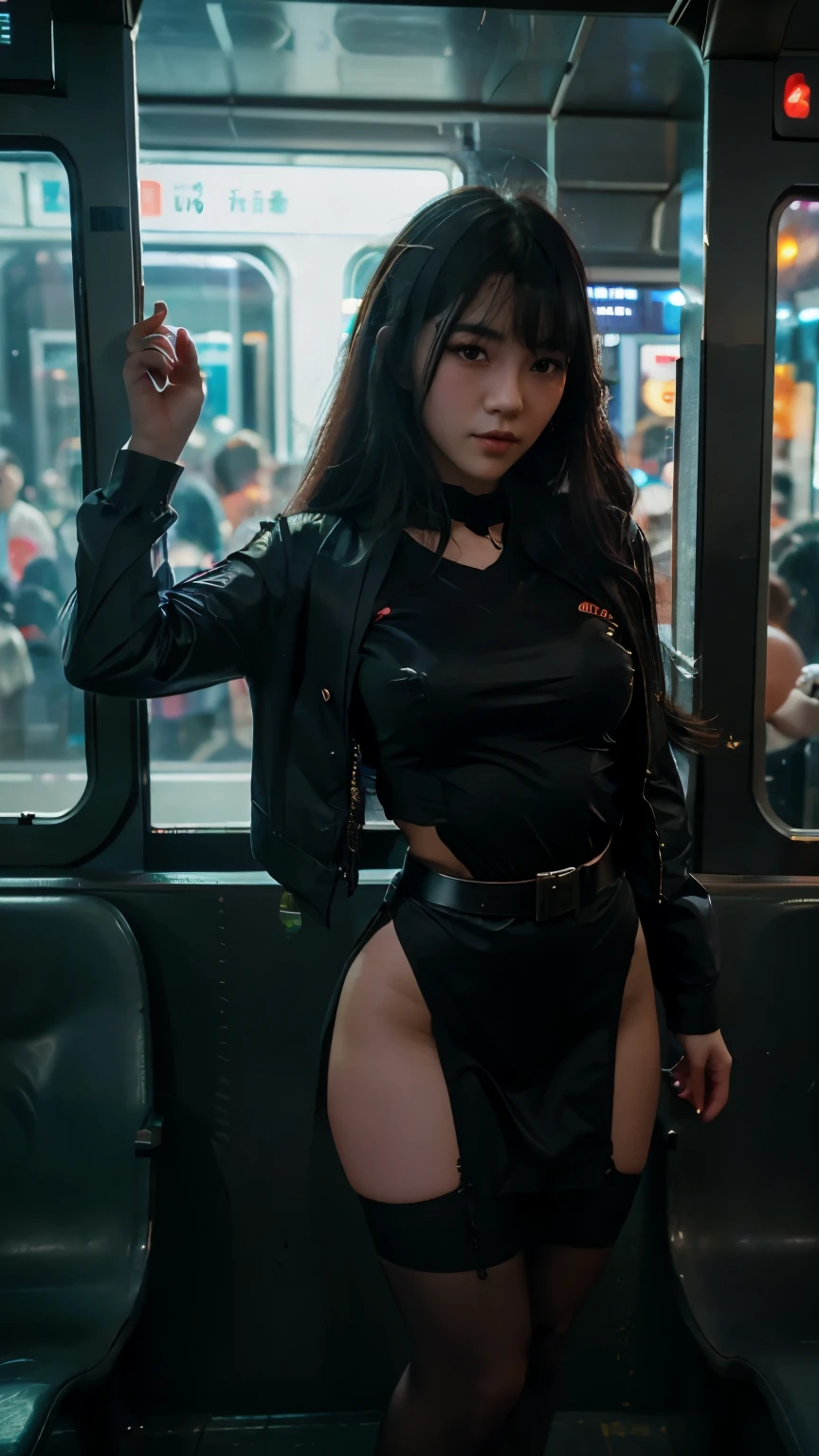 Beautiful half Thai, half Vietnamese girl, 3, beautiful figure, beautiful curves ((wearing a 1.5 cyberpunk school uniform)) Romantic, long black lace stockings, belt ((taking the subway in the city at night)) moonlight shining through the window to her at night, transparent, translucent, cyberpunk atmosphere, sexy, cute ((almost full body portrait)) taken with world-class lighting and photographer, the most details, the best focus