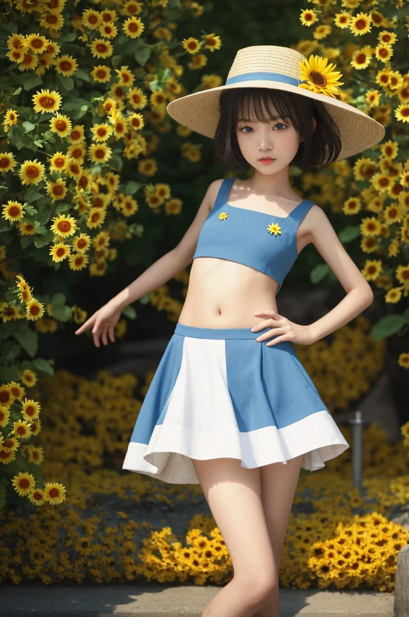 (masterpiece, highest quality:1.4), Award-winning portraits, 8k, 85mm, alone, Beautiful Face, Delicate girl,  (Cheerleader、On the grass), Sophisticated, cute, 15 years old, RAW Photos, Confused, High resolution, Sharp focus, Background Blur、(((flat  、thin and delicate body、Childish atmosphere)))、shiny semi-long hair、ponytail、Mole on the left cheek、 Dark blue eyes、the skirt is swaying in the wind、Hair swaying in the wind、sexy、flexible legs、naked