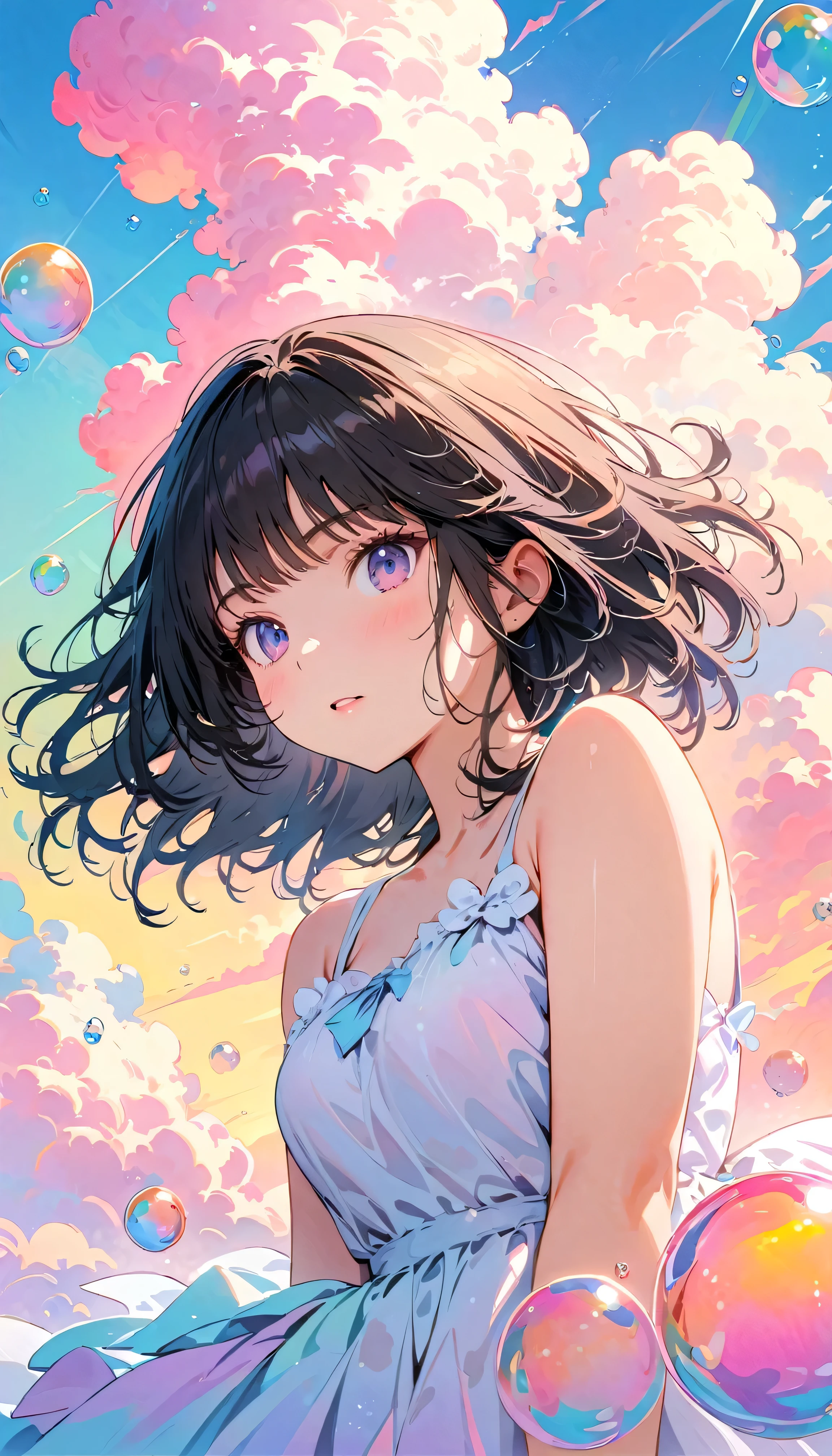 Best Quality, Super Fine, 8k, Incredibly strange, Very detailed, 2.5D, Beautiful Goddess, Soap bubbles, Pastel colored clouds, Sunshine, Pop Art, Delicate and dynamic, Pastel Color Fantasy, Black Hair, Official Art