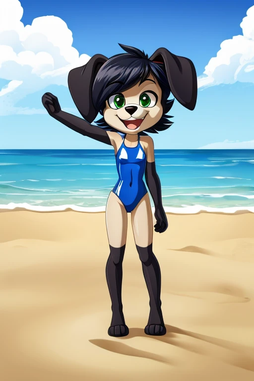 Cartoon dog full length slim in blue swimsuit on the beach with happy face green eyes black hair