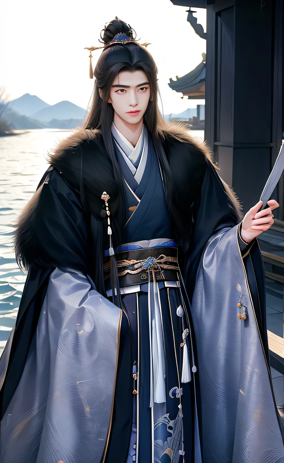 (Best quality,A high resolution,The image is clear:1.2),Ultra detailed backgrounds,Beautiful man standing holding sword，mesmerizing eyes，wind blowing through，Chinese style clothes,White robe，Large white mink collar cape（white clothes：1.5），Garden scene,under moonlight,Asian architecture，Ancient wind，waterfall man，Romantic atmosphere,，Dutch Angle Shot,gentlesoftlighting,portrait of upper body，Noble prince，Have a keen royal eye，hair adornments， inspiration drawn from it.Portray a Tang Dynasty poet during the Cold Food Festival, standing pensively by a quiet riverbank. This time, the poet is dressed in more elaborate Tang Dynasty attire, featuring a flowing, dark green robe adorned with subtle floral patterns, symbolizing nature and spring, though its darker tones reflect his somber mood. Over his robe, he wears a light silk outer garment in pale lavender, softly fluttering in the breeze. His belt is ornately embroidered, adding a touch of sophistication to his otherwise melancholic figure.

His face shows a mixture of sorrow and contemplation, with slightly parted lips as if he were about to speak but stopped by emotion. His eyes are fixed on the horizon, as though lost in thought, with his hand gently resting on a bamboo staff, giving him an air of a wandering scholar. His hair, loosely tied into a low bun, with a few strands falling across his face, adds to his reflective demeanor.

The scene is filled with a light drizzle, with mist rising from the river. Weeping willows line the riverbank, their long branches dipping into the water, while patches of wildflowers grow along the shore. In the distance, a small boat drifts lazily on the river, while a faint village can be seen across the waters, enveloped in the mist, symbolizing the poet’s longing for home. The overall scene is serene but tinged with a quiet sadness.