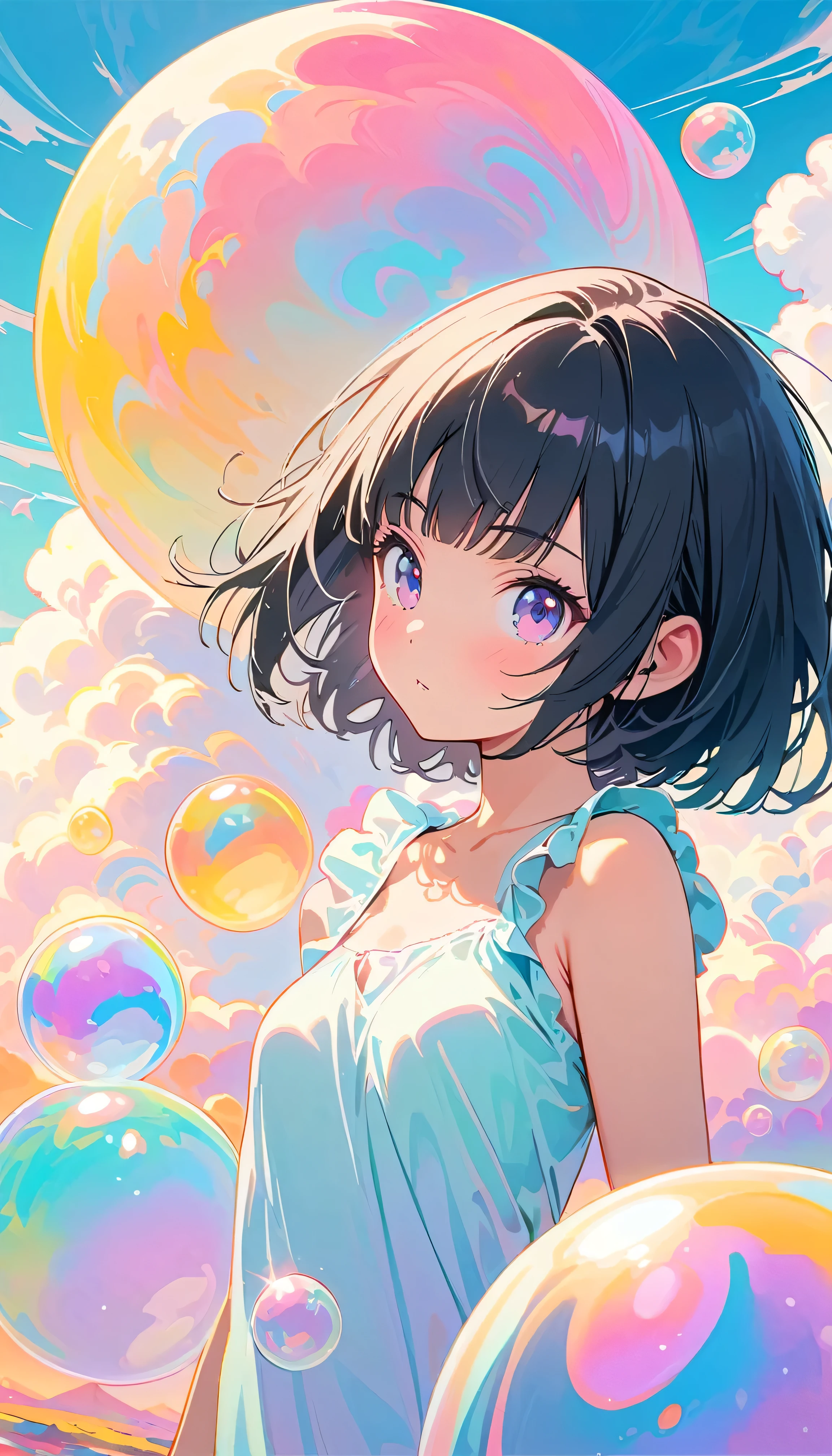 Best Quality, Super Fine, 8k, Incredibly strange, Very detailed, 2.5D, Beautiful Goddess, Pastel colored soap bubbles cloud, Sunshine, Pop Art, Delicate and dynamic, Pastel Color Fantasy, Black Hair, Bobcut, Very young, Small breasts, Official Art