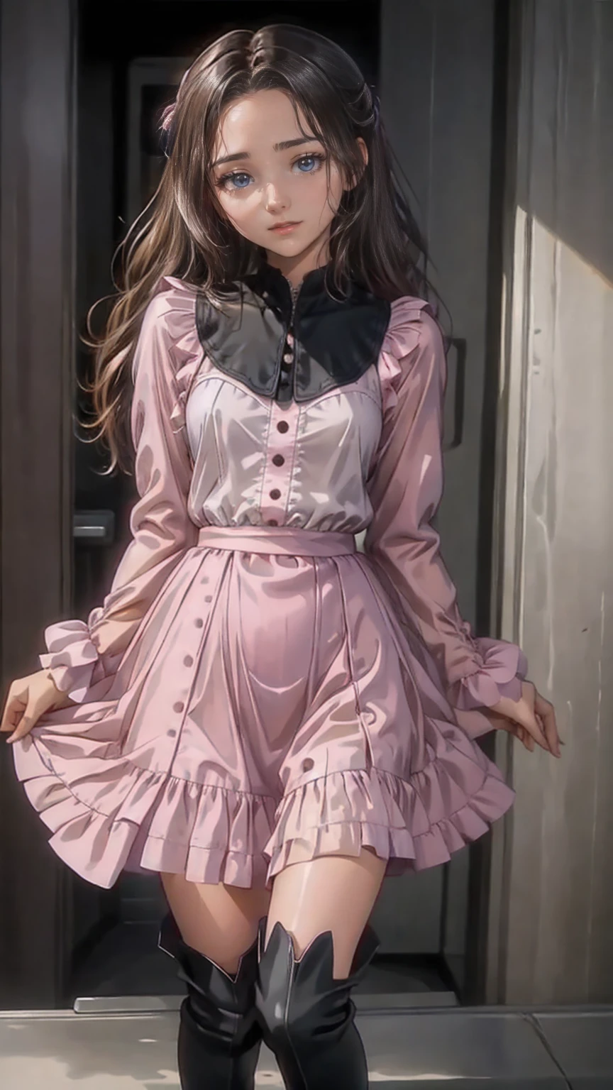 、beautiful girl、とてもcute天使、Pink Gothic Dress、cute、、smile、Long skirt、Black Long Boots、