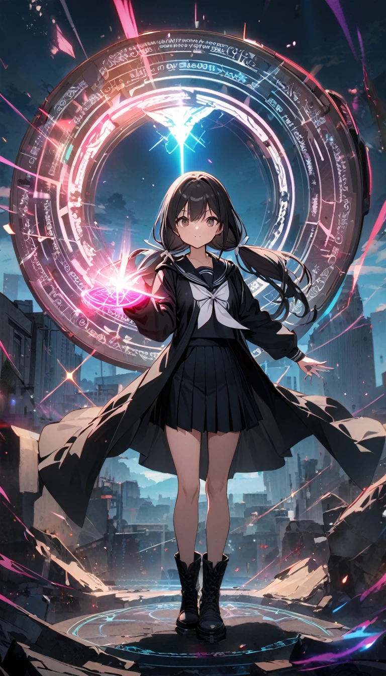 masterpiece, Highest quality, Ultra-high resolution,rich contrast,super high quality,8k,Highly detailed CG unit wallpaper,Ultra-high resolution,RAW Photos, Depth of Field 1.2,(((smartphone screen))),smartphone screenの世界は少女が写っている,Beautiful girl wearing uniform and pleated skirt,Kotonoha Katsura, purple eyes, black hair, long hair,black thighhighs, bow, red bow, school uniform, skirt, thighhighs, zettai ryouiki,Kotonoha Katsura,holographic,holographic earth,holography, Neon color, 3d, Light, sf, Digital art, scientific, Digital Space, 超詳細のLight,colorful,Magical Effects,