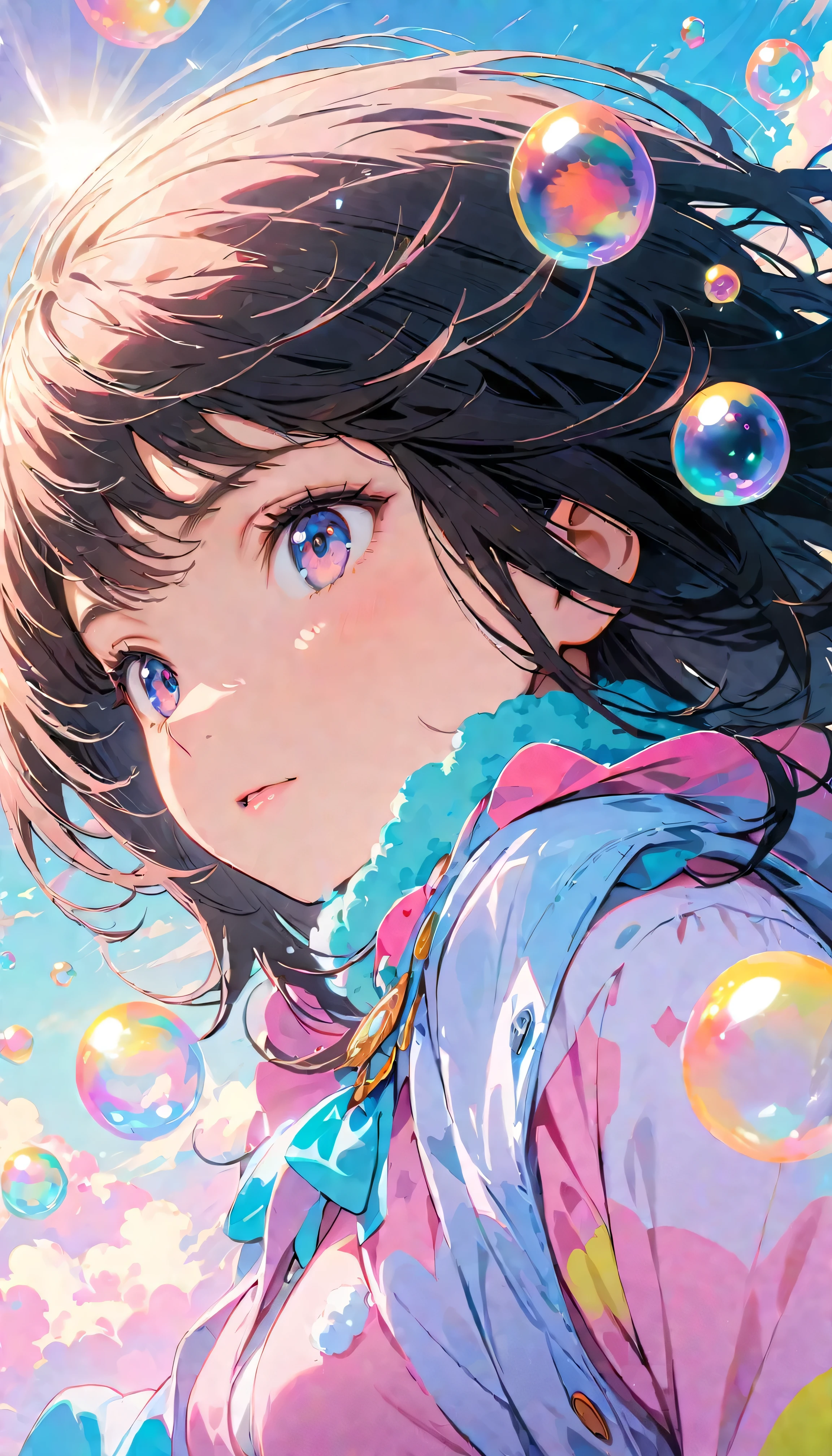 Best Quality, Super Fine, 8k, Incredibly strange, Very detailed, 2.5D, Beautiful Goddess, Soap bubbles, Pastel colored clouds, Sunshine, Pop Art, Delicate and dynamic, Pastel Color Fantasy, Black Hair, Official Art