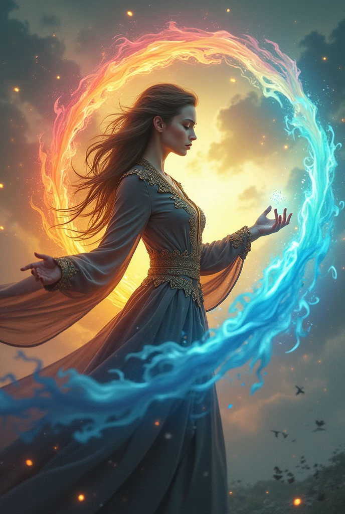 Generate fascinating images of the Wind Witch to captivate. Elements of flowing mystical robes, swirling air swirls, and a hint of magic in her eyes give off an aura of elegance. Photorealistic, Masterpiece, Top Quality, Super Detail, HDR, 8K
