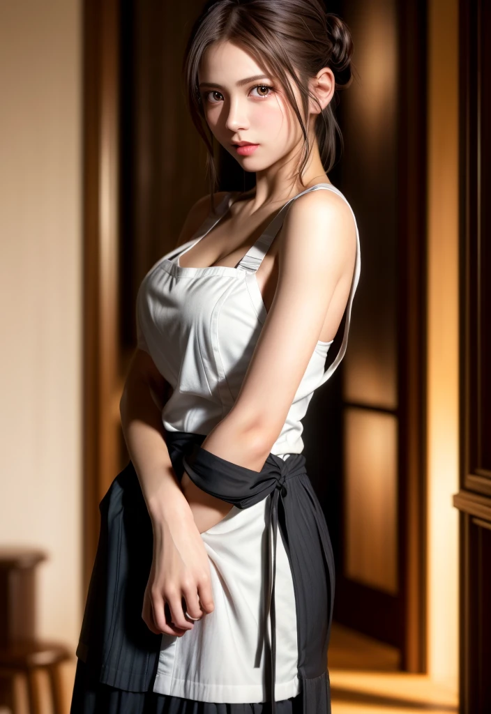 8K, of the highest quality, masutepiece:1.2), (Realistic, Photorealsitic:1.37), of the highest quality, masutepiece, Beautiful young woman, Pensive expression, Gentle eyes, Apron ?????、Lovers、Hair tied back, Messy mood, Cinematic background, Light skin tone